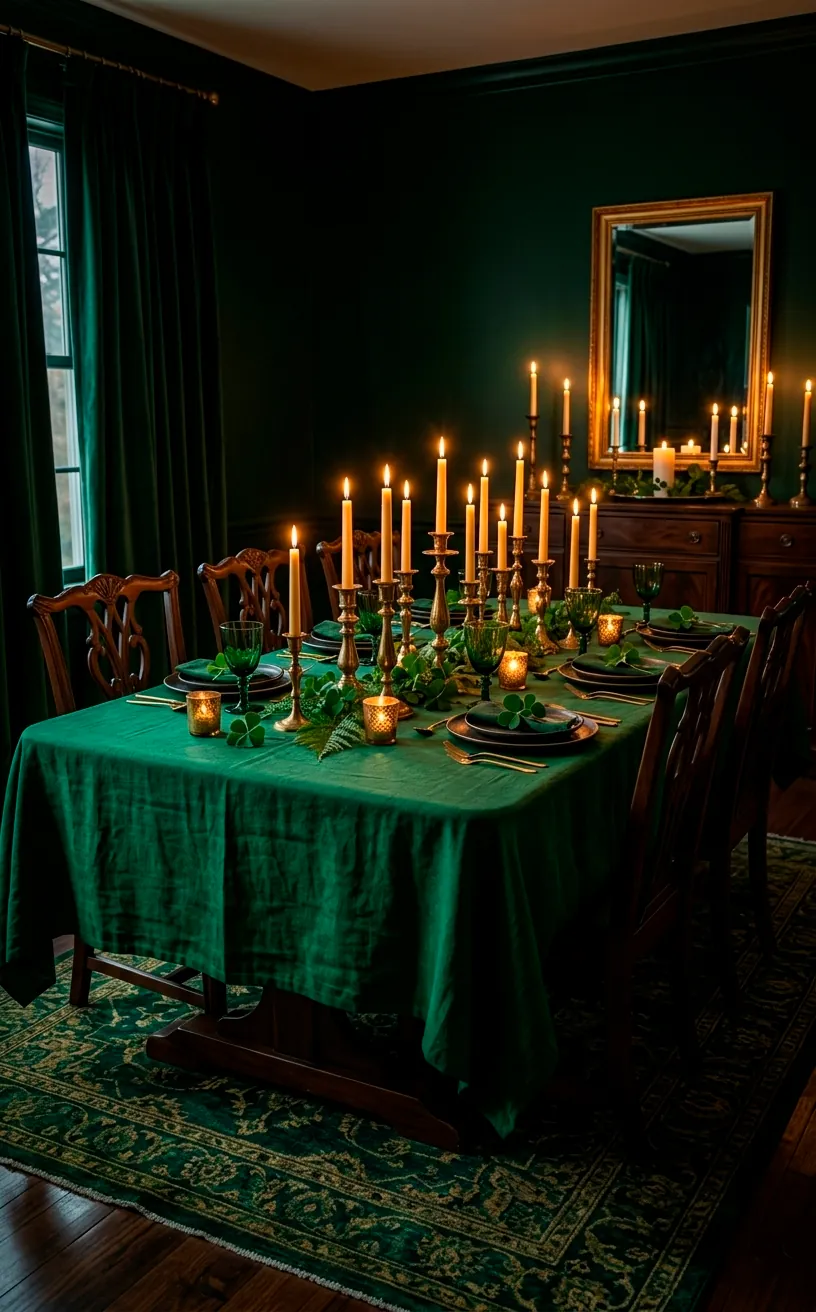 Moody dining room with deep green walls and emerald linen tablecloth under candlelight.