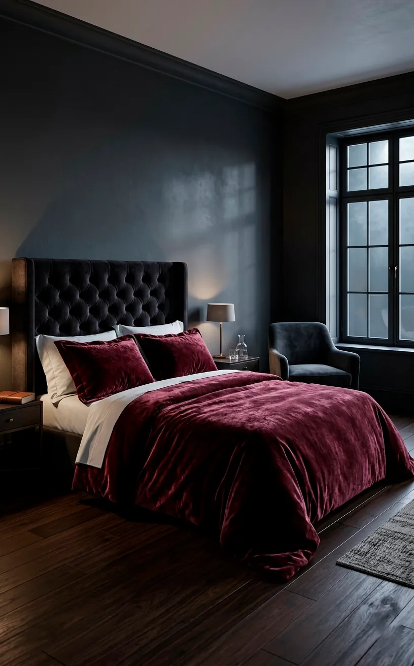 Master bedroom with deep burgundy velvet duvet and moody lighting for a romantic vibe.