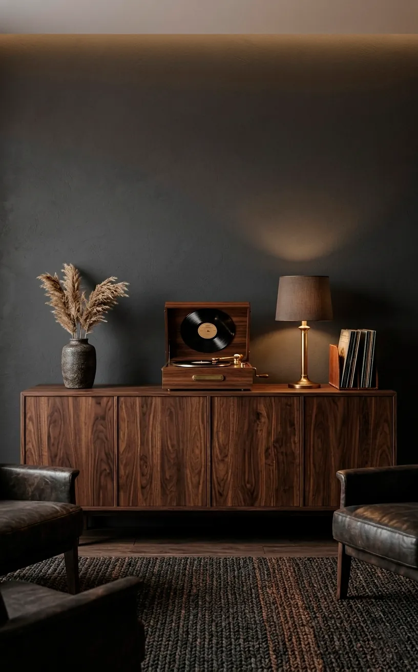 Dark walnut mid-century modern sideboard against a moody charcoal wall in a living room.