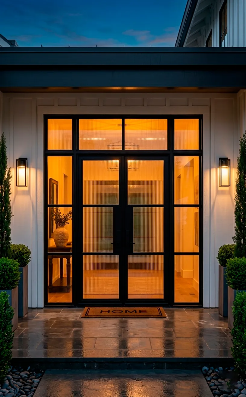 Stunning black steel and glass double front door on a white modern farmhouse at sunset.