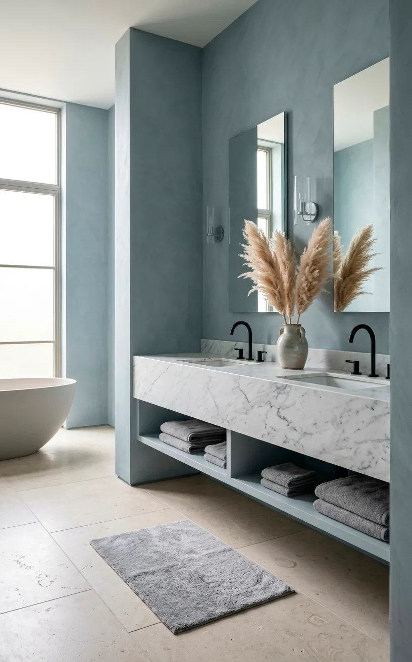 Sophisticated bathroom with misty blue walls and white marble vanity.