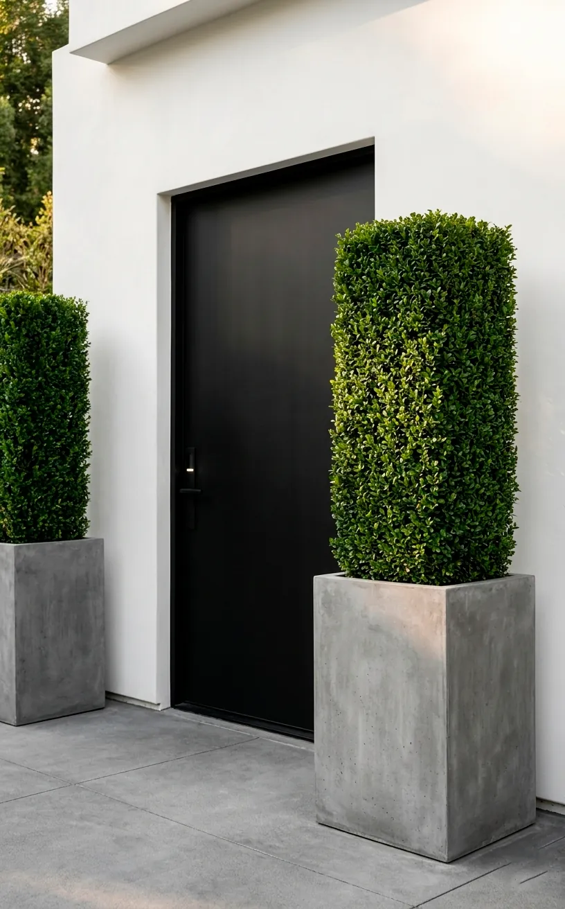 Symmetrical boxwood pillars in tall concrete planters flanking a modern black front door.