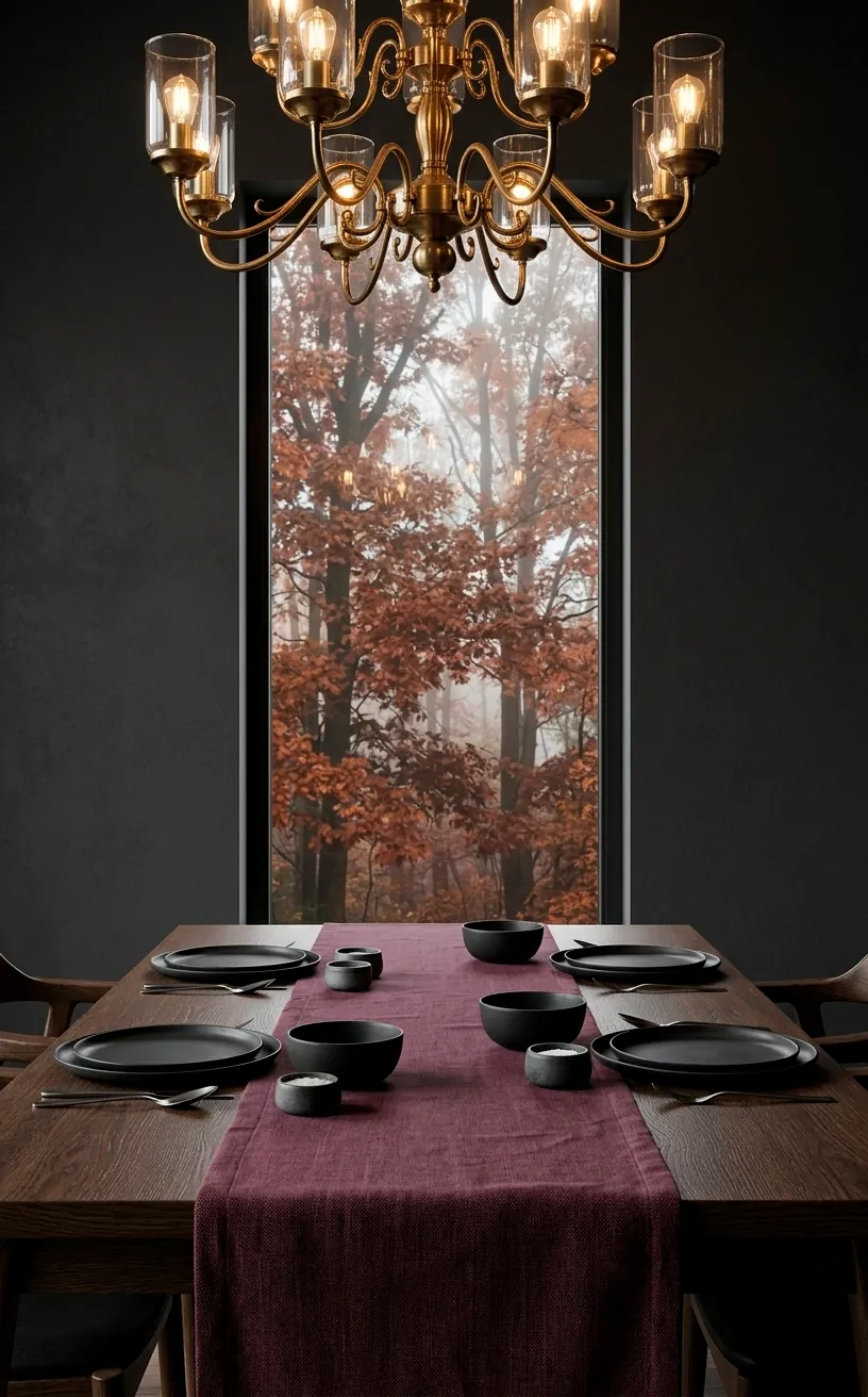 Moody dining room with charcoal walls and plum table linens for autumn.