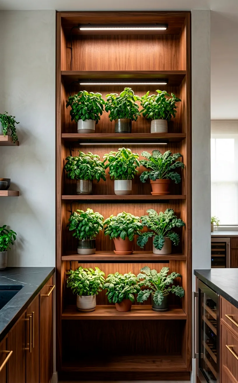 Vertical hero shot of a modern kitchen with integrated wood herb garden shelves and sleek black LED grow lights.