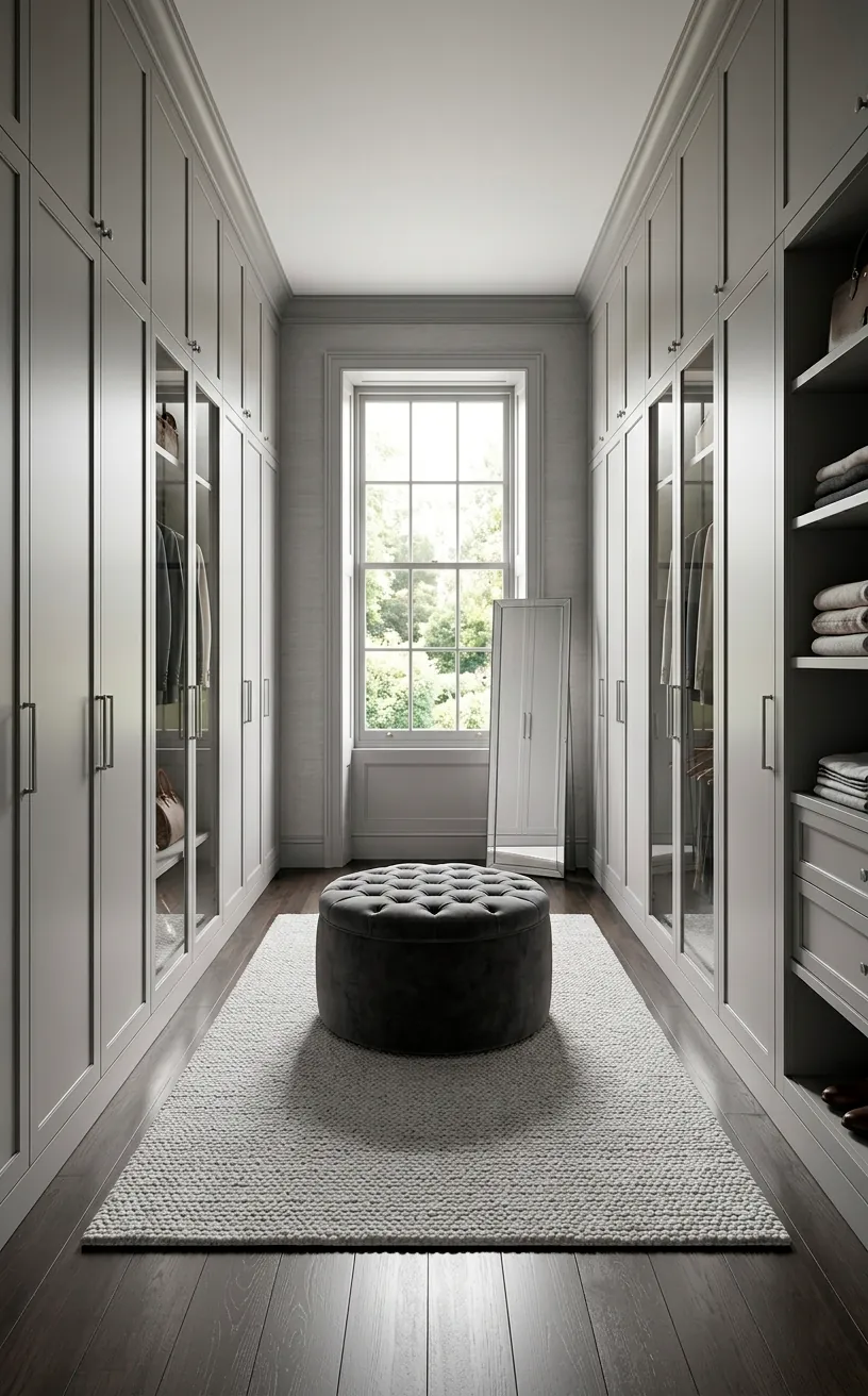 Modern dressing room with matte grey cabinets, charcoal velvet ottoman, and plush grey rug.