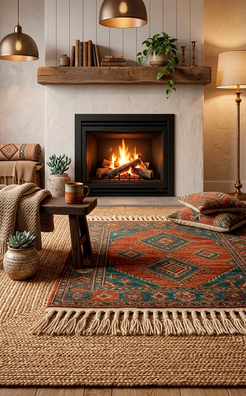 Layered Moroccan and jute rugs in front of a glowing boho fireplace with warm lighting.