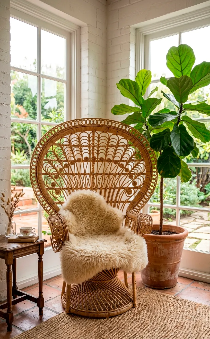 A large rattan peacock chair in a sunny room with a sheepskin rug and a large green houseplant.