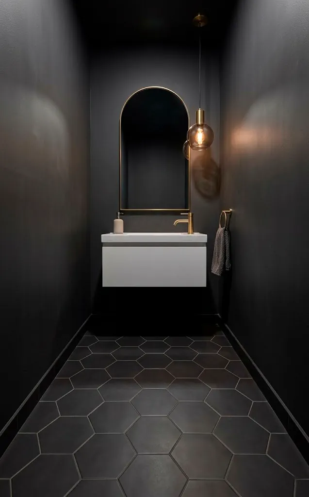 Moody powder room hero shot featuring dark charcoal hexagon floor tiles and minimalist vanity.