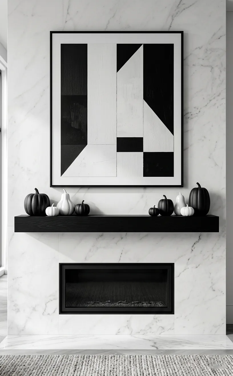 Minimalist fireplace mantle with matte black ceramic pumpkins and white porcelain gourds in a bright room