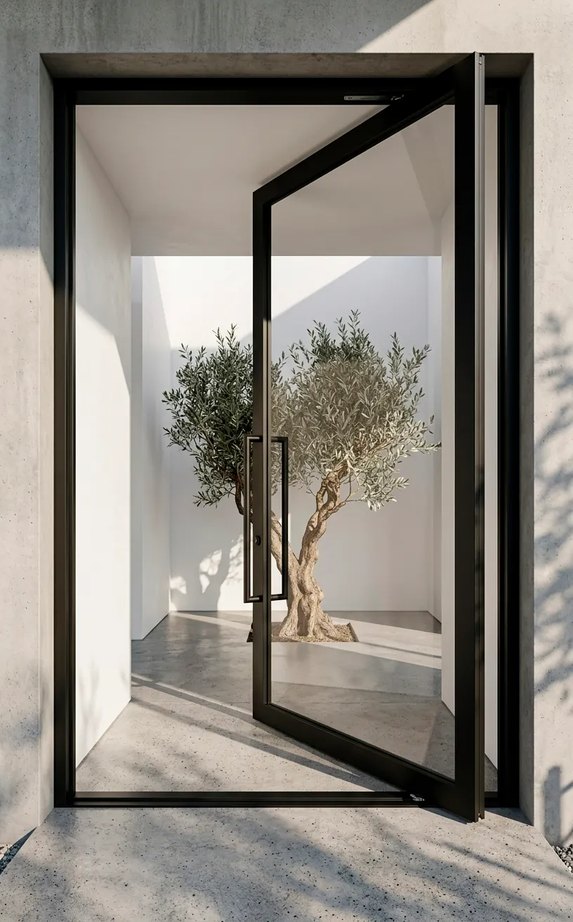 Modern oversized glass pivot door with black metal frame and minimalist interior design.