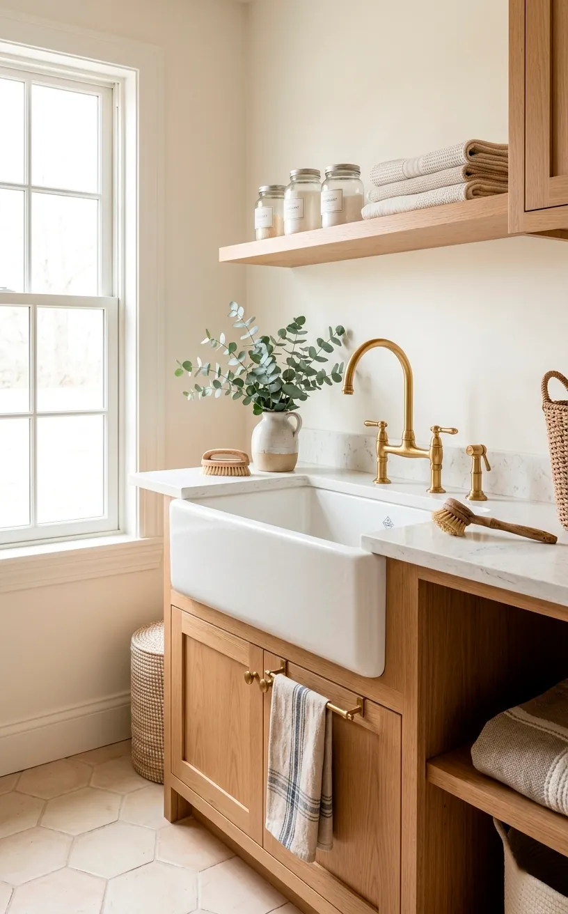 Large white fireclay apron-front sink with brass faucet in a farmhouse laundry room interior.