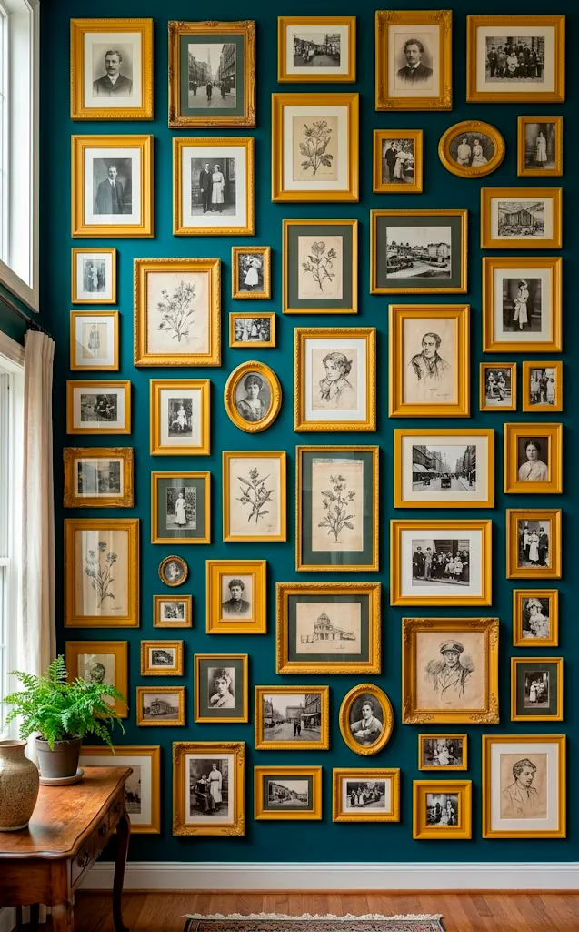 An eclectic gallery wall on a teal wall featuring prominent mustard yellow frames and vintage art.