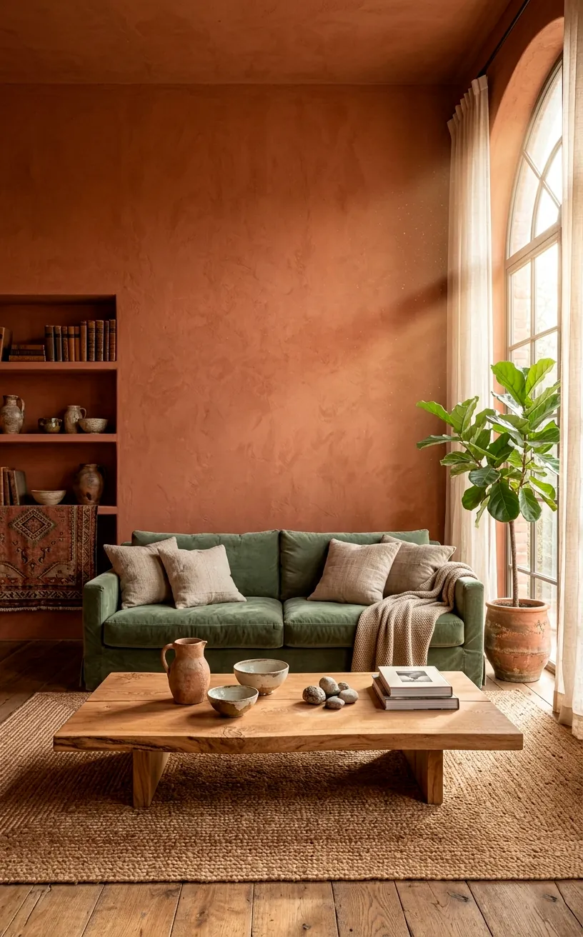 Full view of a luxury earthy living room with terracotta walls and a sage green sofa at sunset.