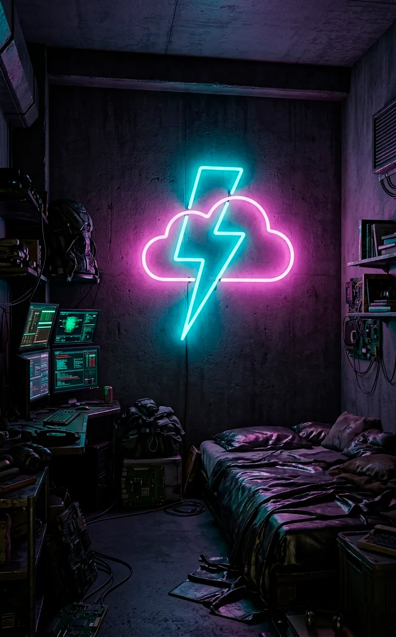 Overlapping cyan and magenta neon LED signs on a dark concrete wall in a modern bedroom.
