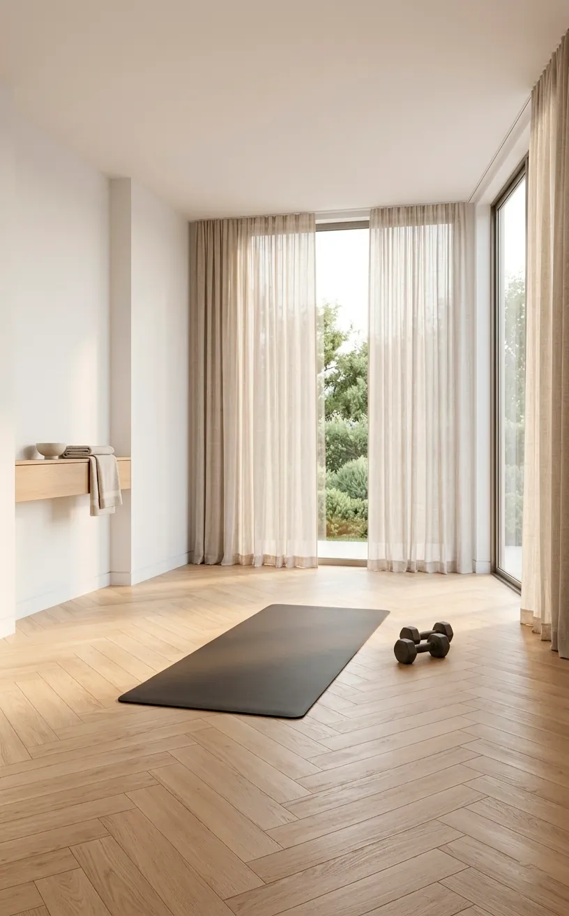 Sun-drenched home gym with white walls, herringbone floors, and a charcoal yoga mat in natural light.
