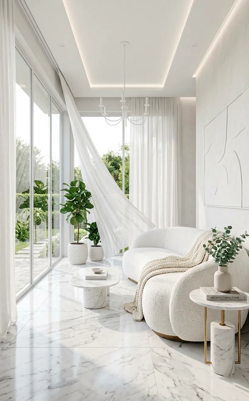 All-white modern sunroom with bouclé sofa and marble floors under bright natural light.