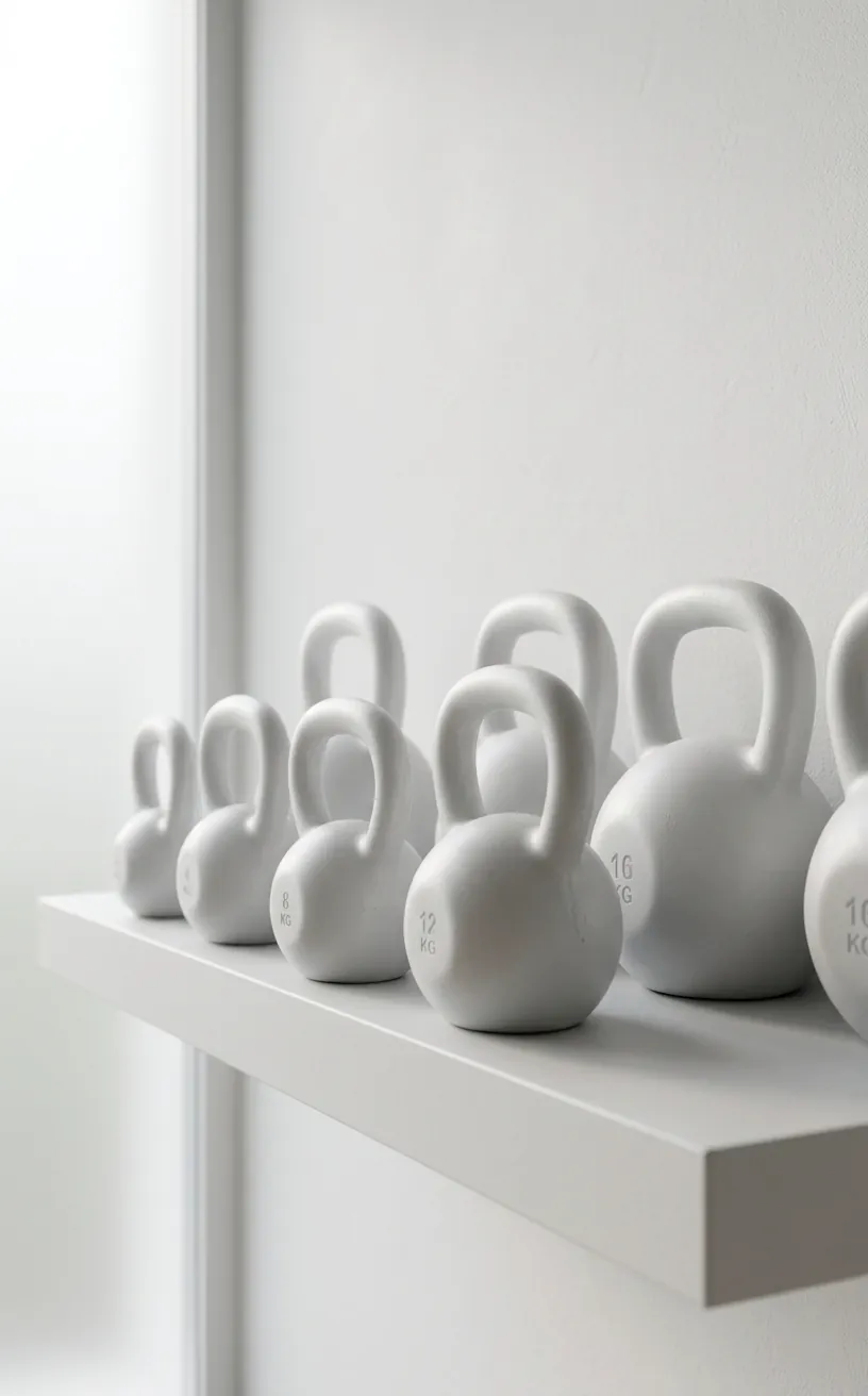 Minimalist white kettlebells on a white shelf in a bright modern workout room.