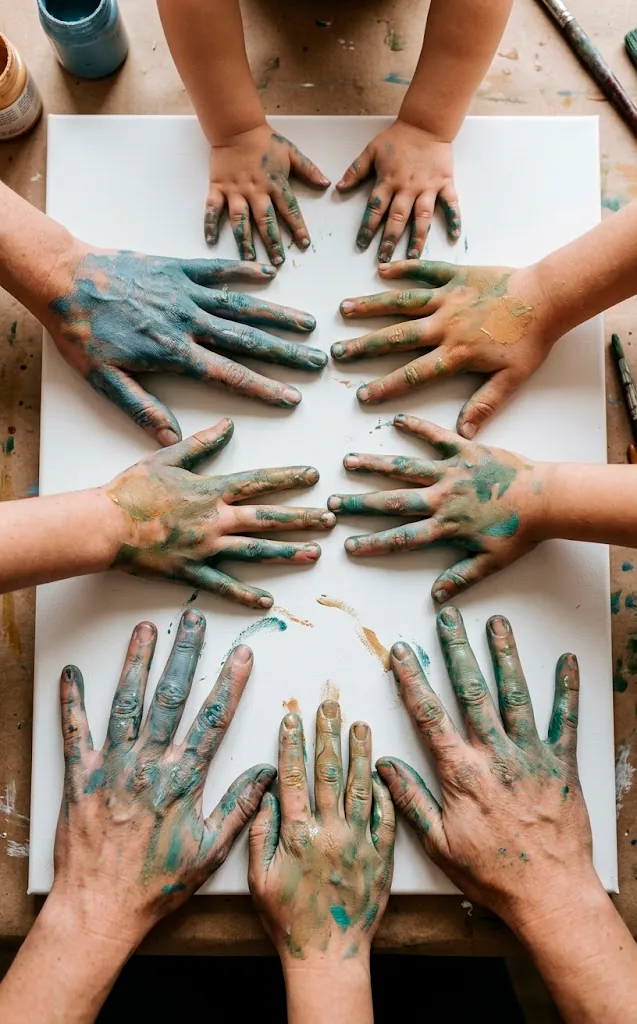 Emotional shot of family members preparing to create handprint art on a canvas.