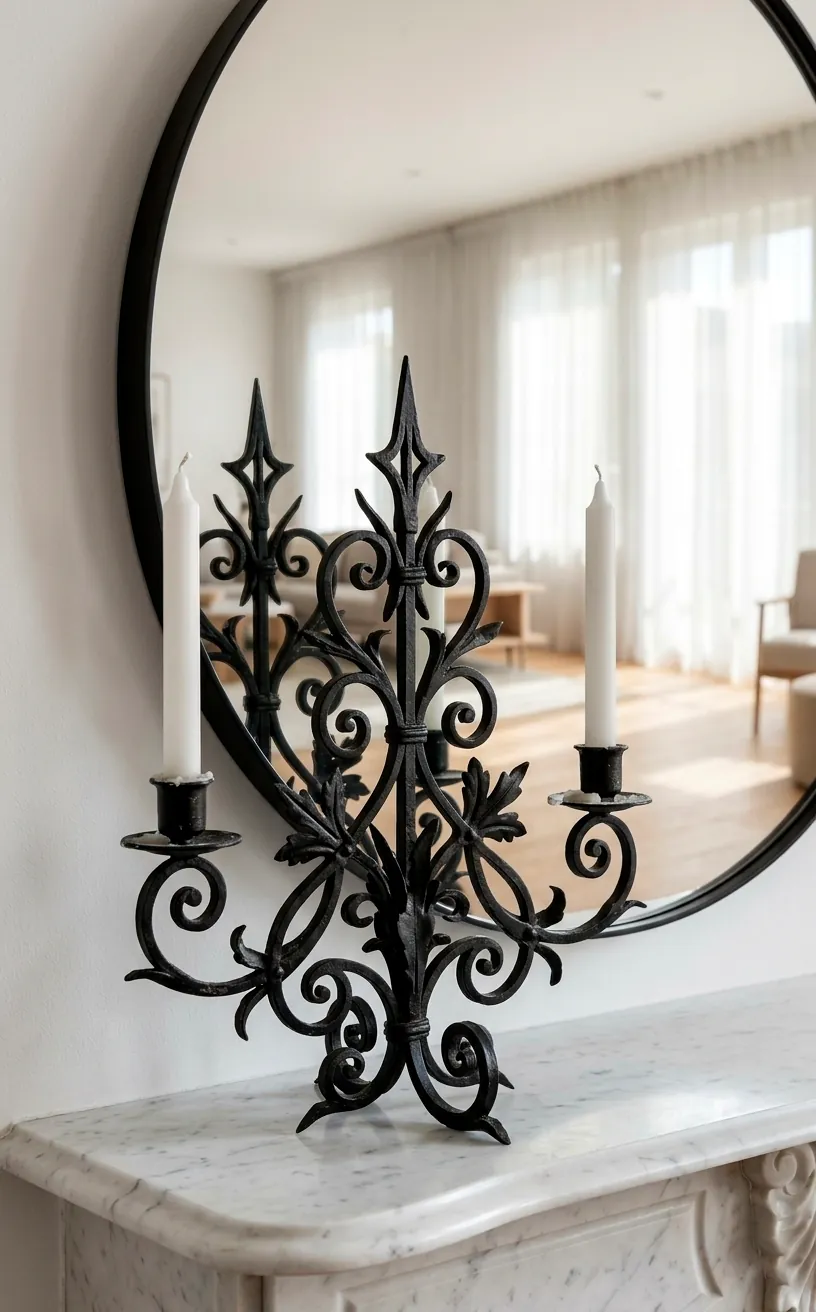 Wrought iron Victorian candelabra on a modern white marble fireplace mantel.