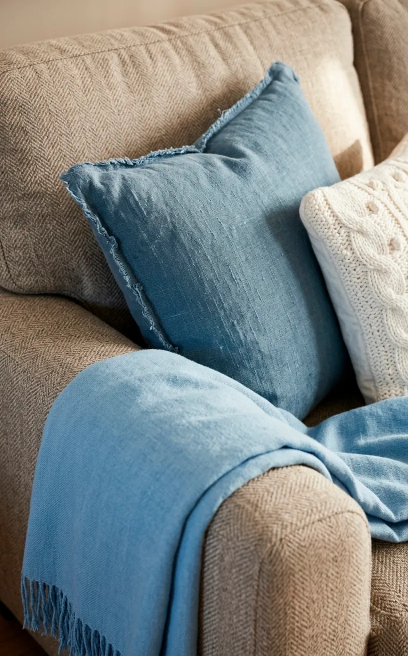 Close-up of pastel blue linen and white knit pillows on a sofa arm.