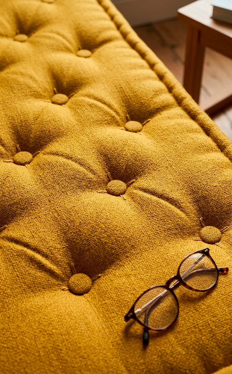 Detailed view of tufted fabric on a yellow floor cushion with reading glasses.