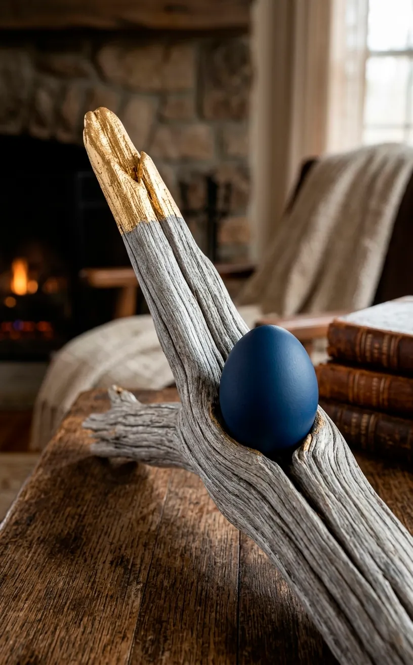 Detail of gold-painted driftwood branch with a navy ceramic egg.