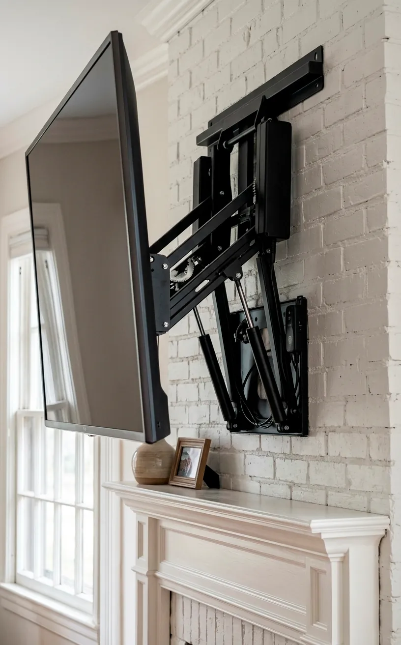 Motorized pull-down TV mount extending over a white fireplace mantel.