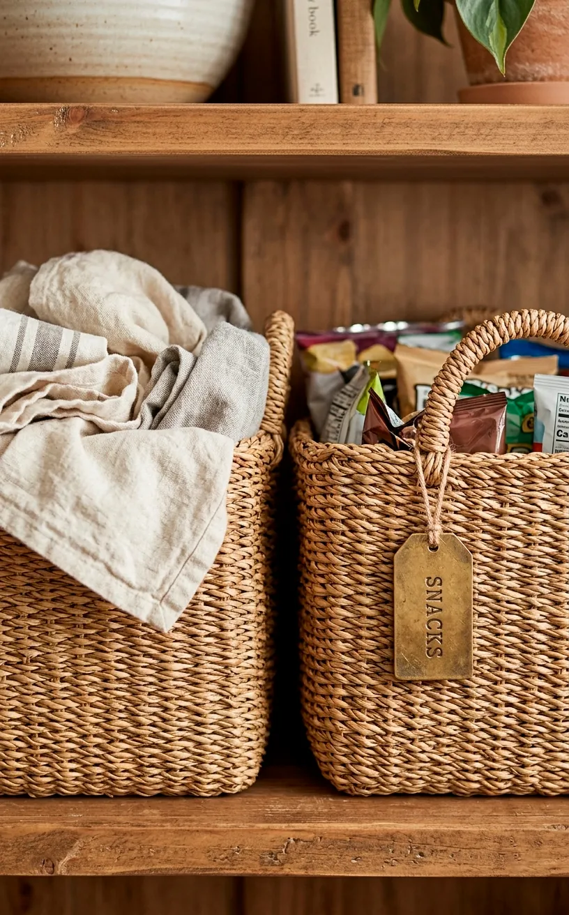 Seagrass storage baskets with metal labels in a farmhouse pantry setting.