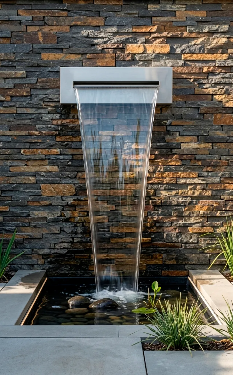 Stainless steel waterfall weir creating a sheet of water into a modern pond.