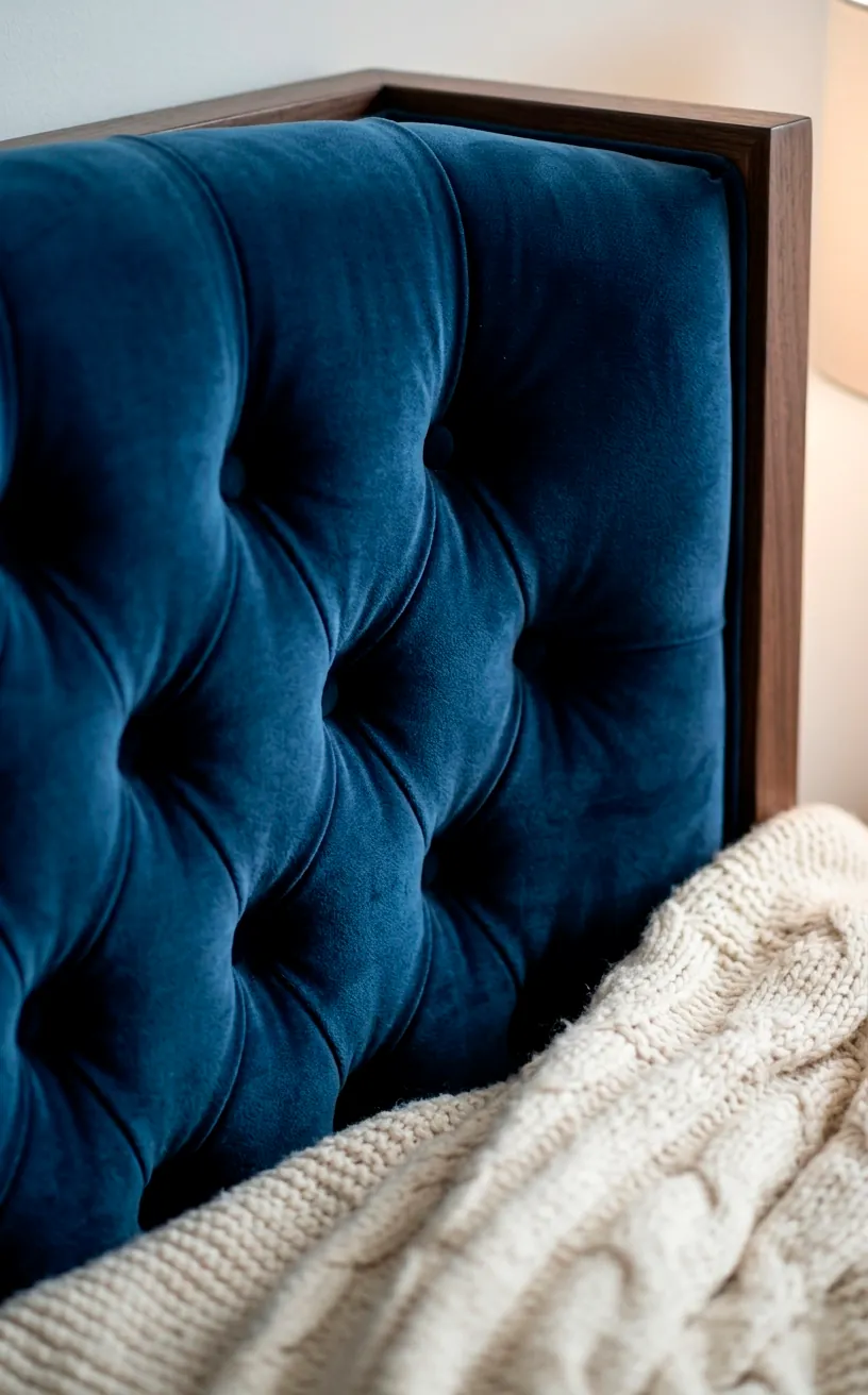 Detail of button-tufted velvet upholstery on a luxury bed headboard.