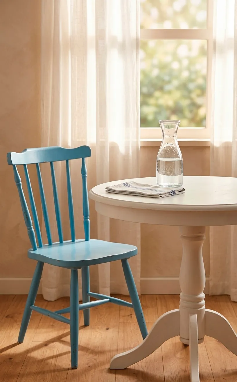 Coastal breakfast nook with sky blue chair and linen accents.