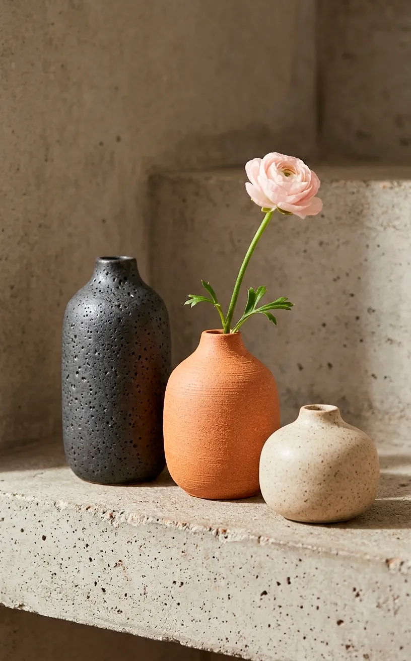 Matte ceramic bud vases in earth tones holding a single flower for a Japandi aesthetic.