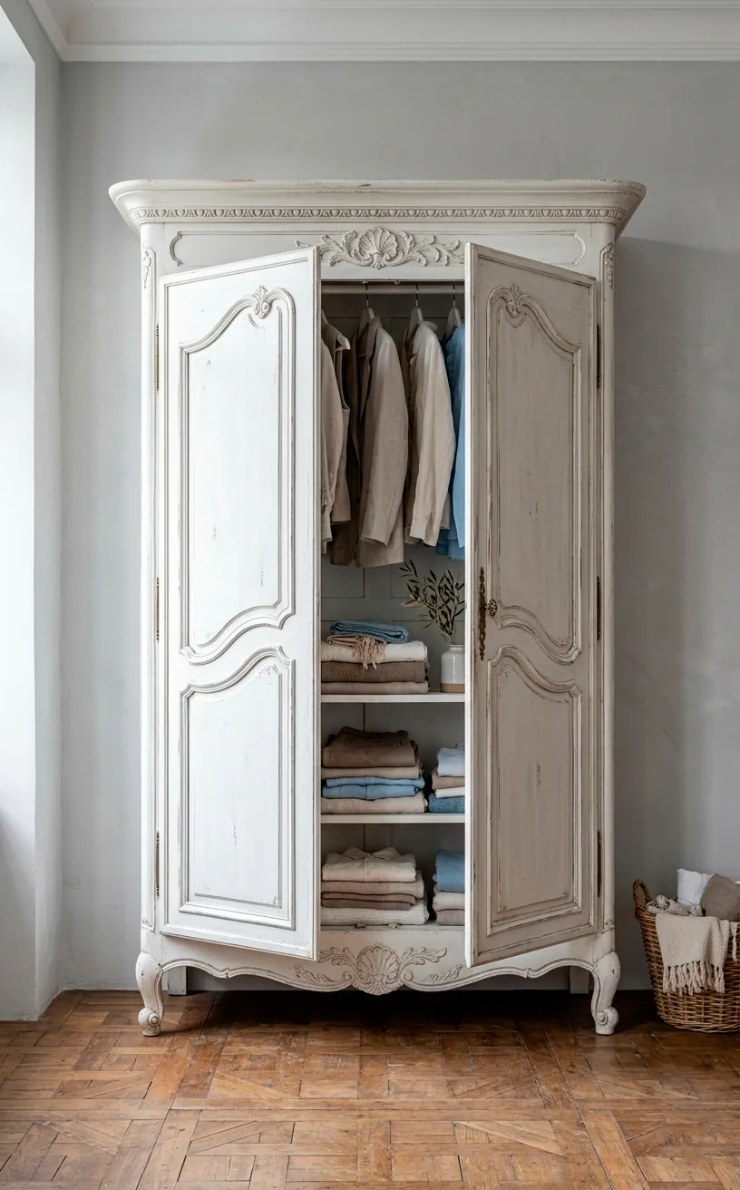 Large white distressed French Provincial armoire in a bright studio apartment with vintage floors.