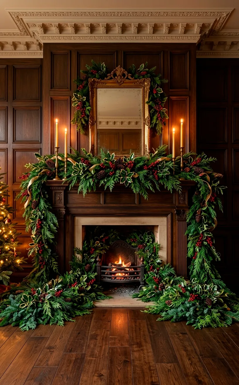 Full view of a Victorian fireplace with a massive overflowing evergreen and holly garland.