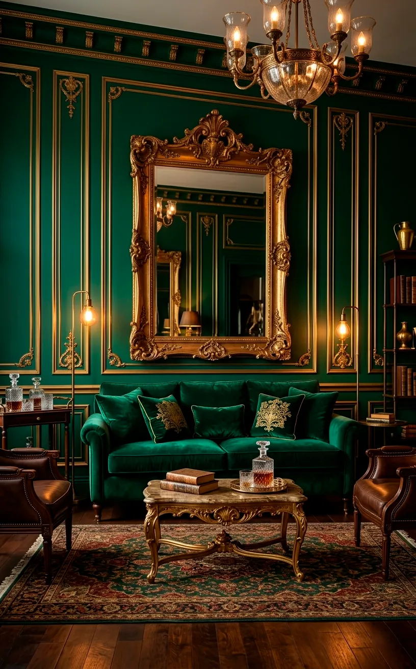 Moody emerald green living room with gold wall molding and a velvet sofa.