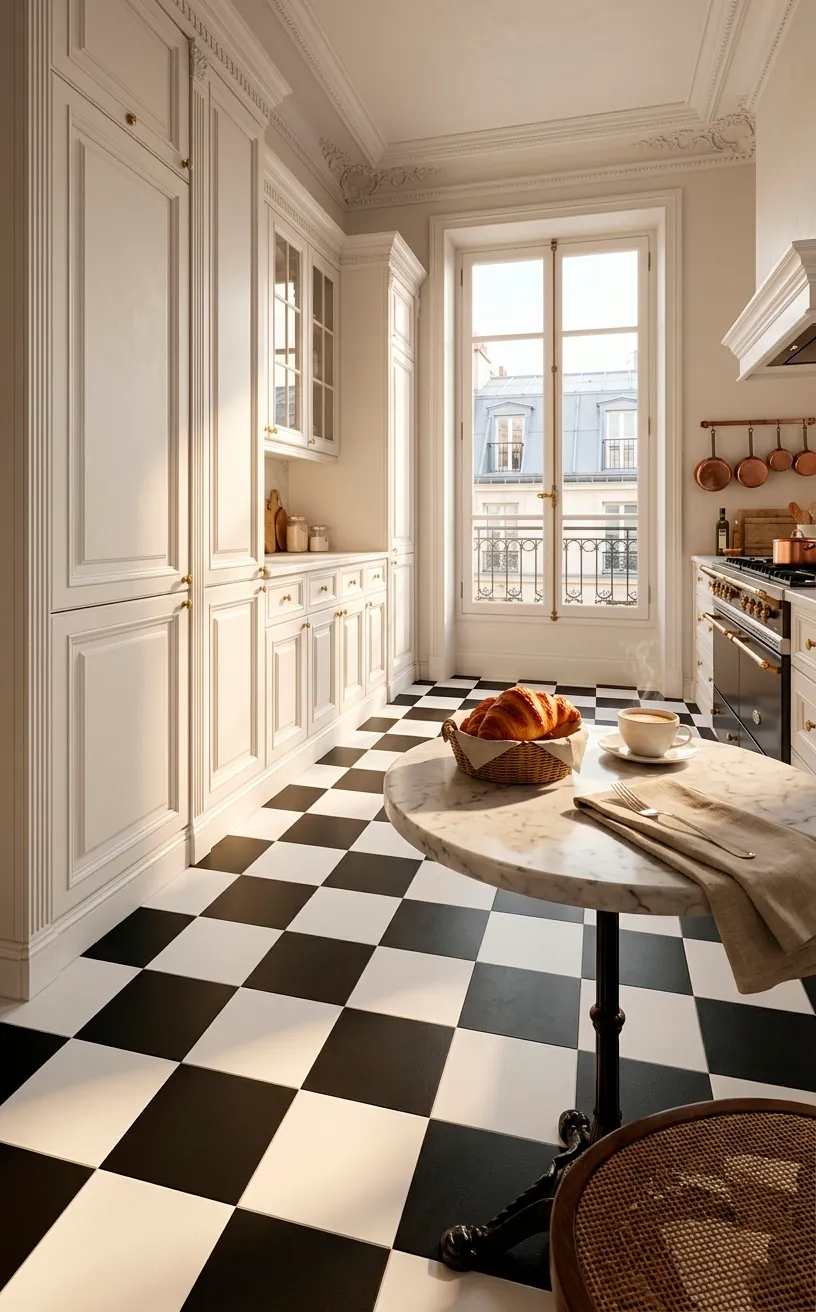 Classic black and white checkerboard vinyl floor tiles in a bright Parisian style kitchen.