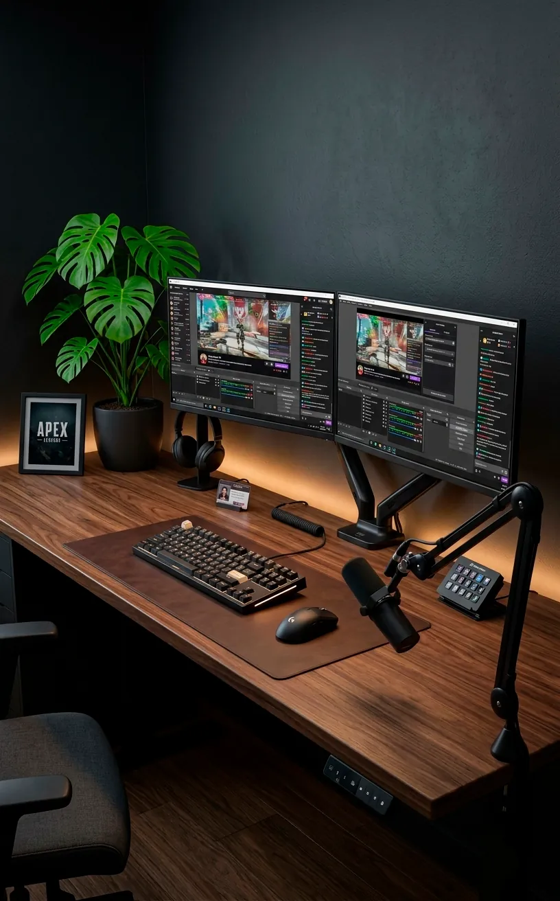 Hero shot of a walnut standing desk with professional streaming gear and a large houseplant.