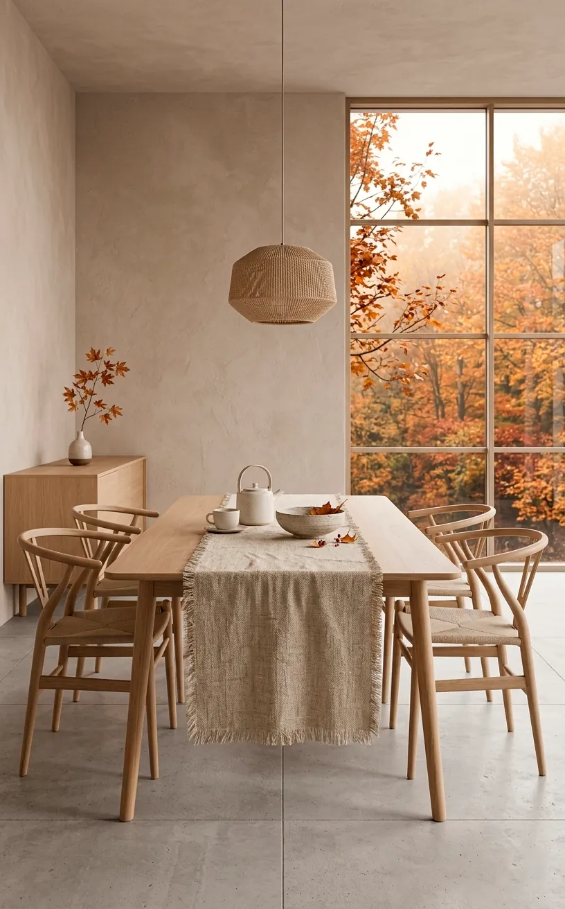 A long frayed oatmeal linen runner on a light oak Japandi dining table in a soft-lit room.
