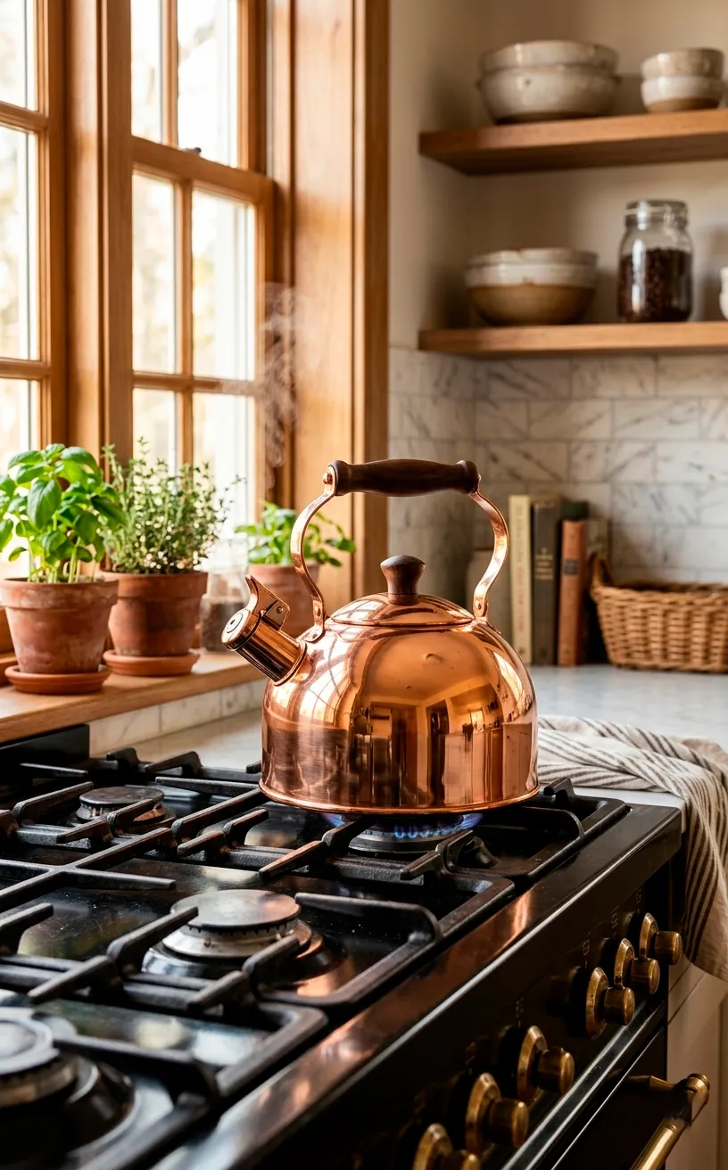 Polished copper whistling kettle on a vintage stove with morning light and gentle steam rising.
