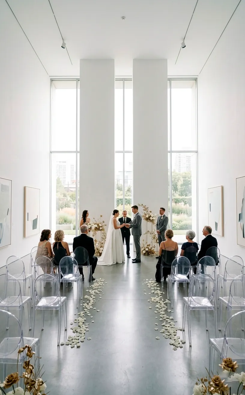 Modern minimalist wedding ceremony in an art gallery with white monoliths and ghost chairs.