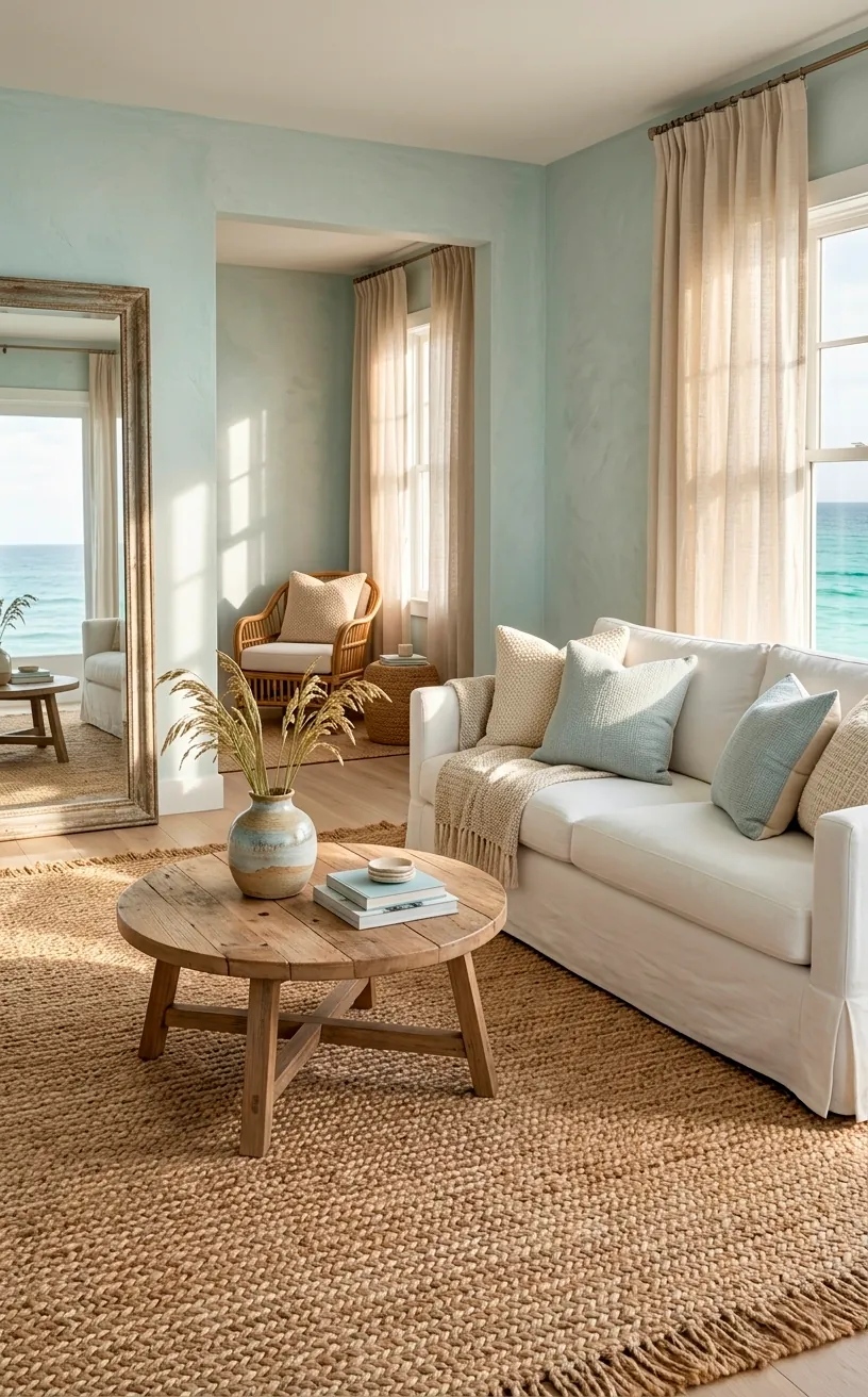 Bright coastal living room with a large jute rug and soft blue walls.