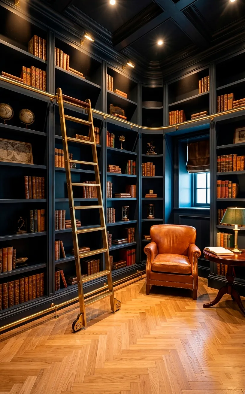 Luxury small library with navy floor-to-ceiling shelves and a brass rolling ladder in a high-ceiling room.