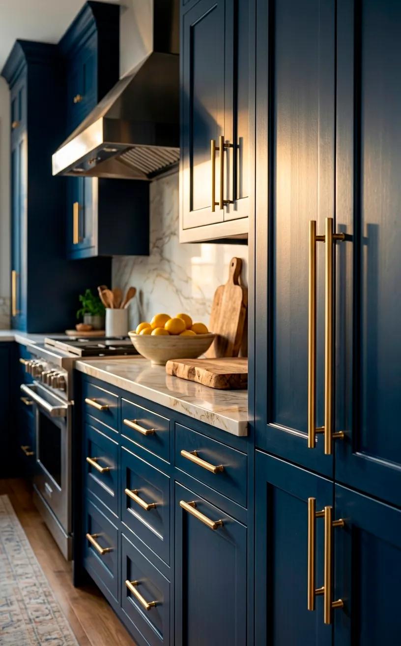 Navy blue kitchen cabinets with elegant long brushed brass T-bar handles and marble countertops.