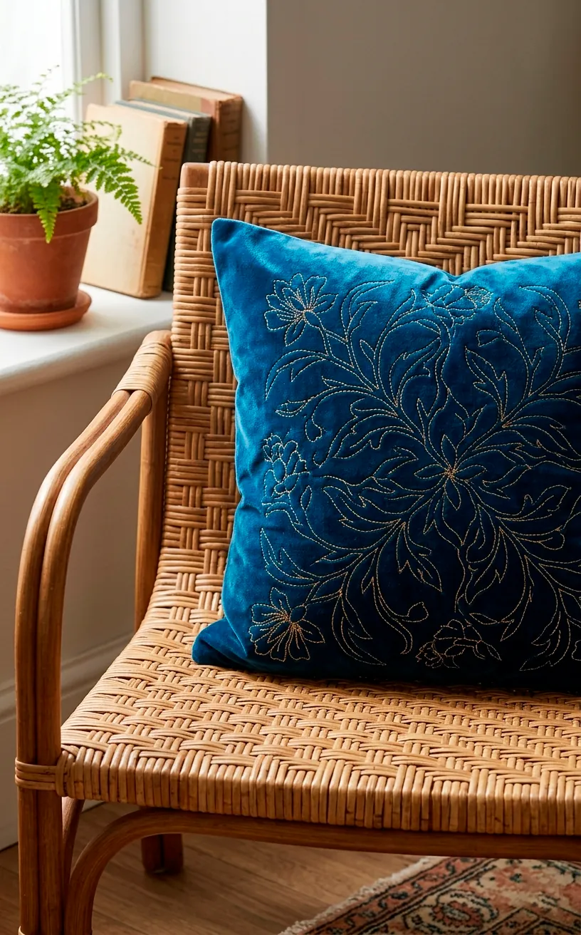 Close-up of a blue velvet pillow on a rattan chair in a coastal setting.