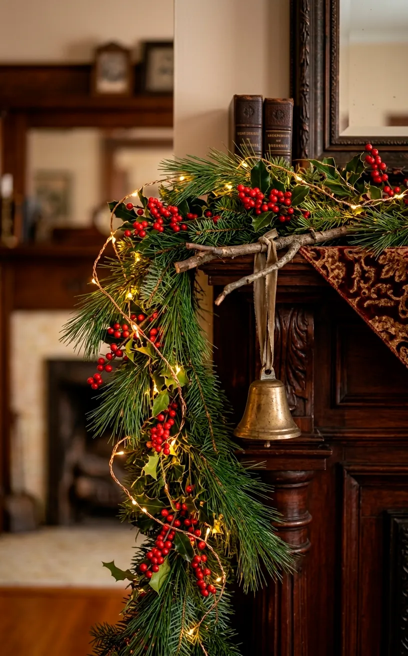 Close-up of Victorian Christmas greenery with red berries and warm lights on a wood mantel.