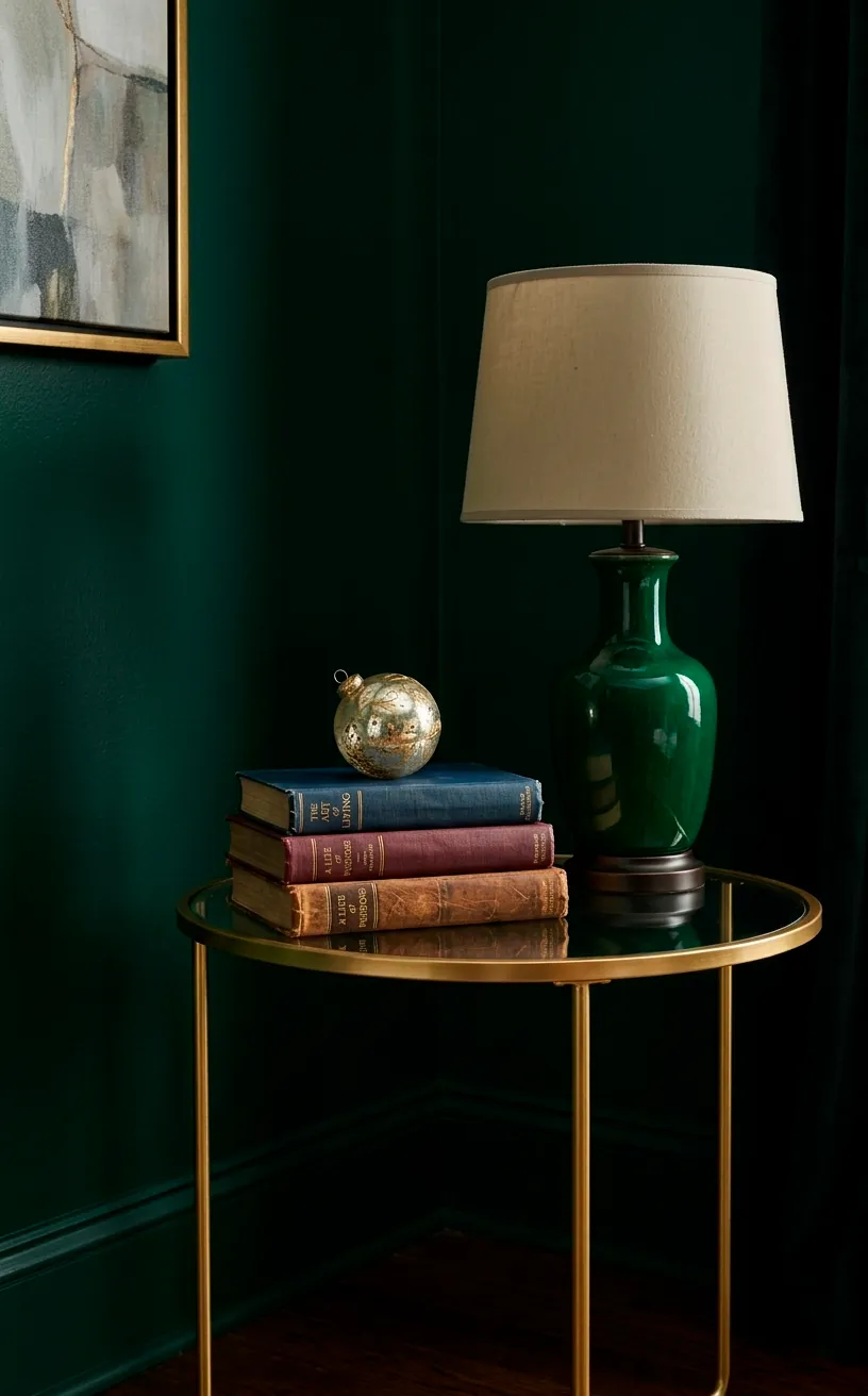 Gold side table with an emerald lamp and festive gold accent.