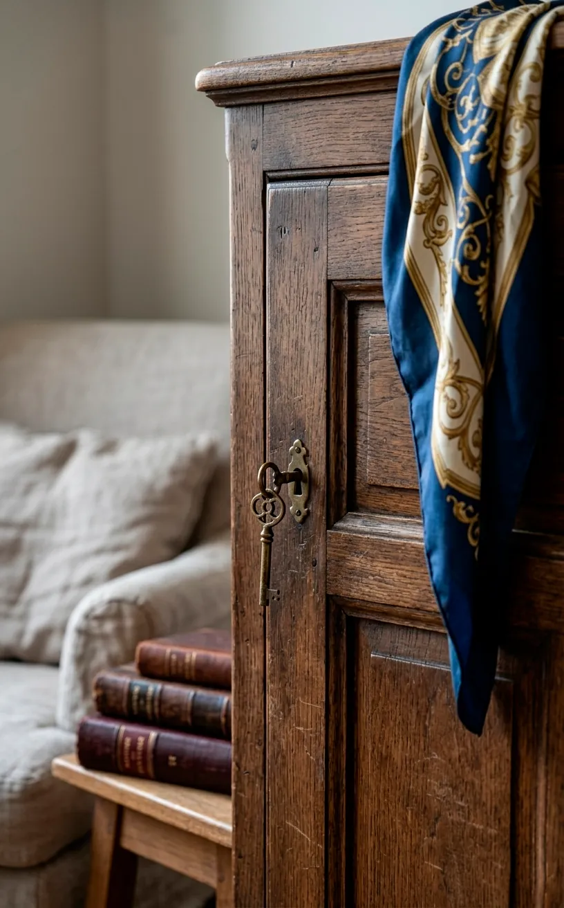 Close-up of a vintage brass key on a distressed white armoire with a silk scarf.