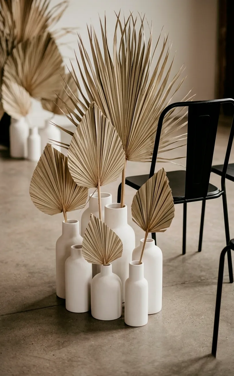 Minimalist wedding aisle decor featuring white ceramic vases and dried palm leaves.