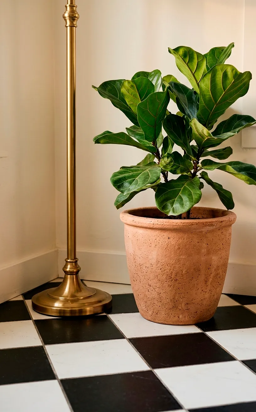 Close up detail of black and white checkerboard flooring next to a brass lamp and indoor plant.