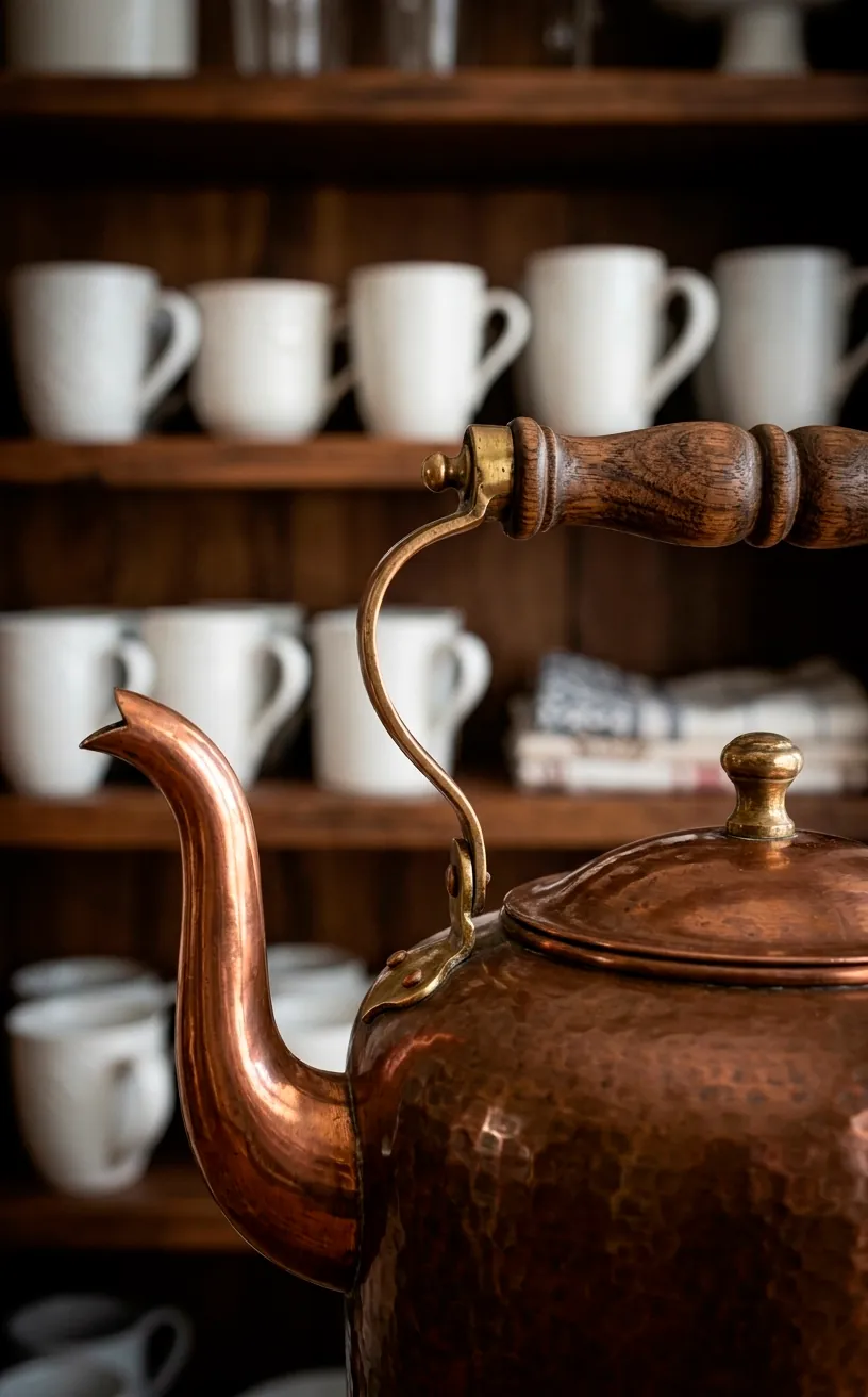 Close-up detail of a copper kettle handle and spout with a cozy kitchen background.